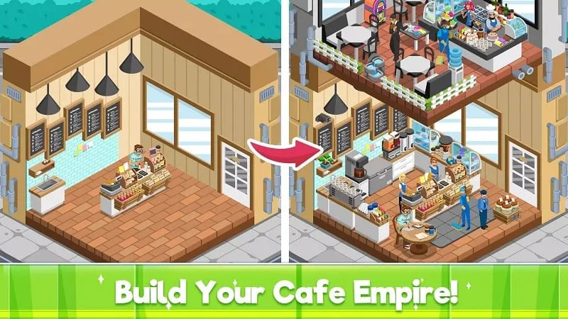 Alt text: Idle Coffee Shop Tycoon gameplay screenshot showing the coffee shop and farm.