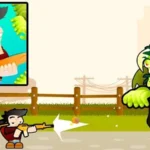descriptive alt text of a game screen showing the main character fighting zombies